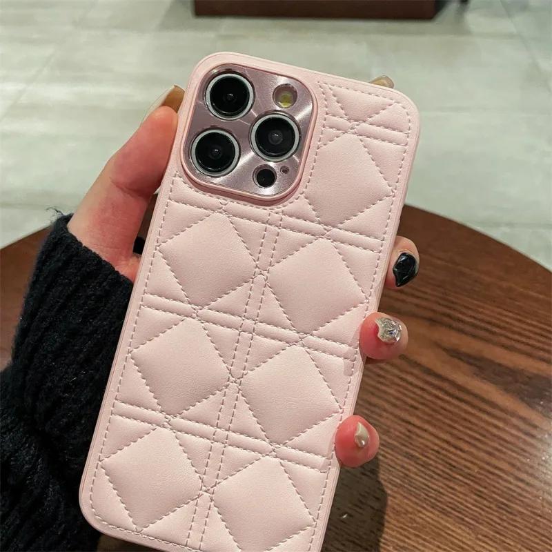 Plated Leather PU Plaid Grid Pattern Phone Case for iPhone 16 Plus and Pro Max