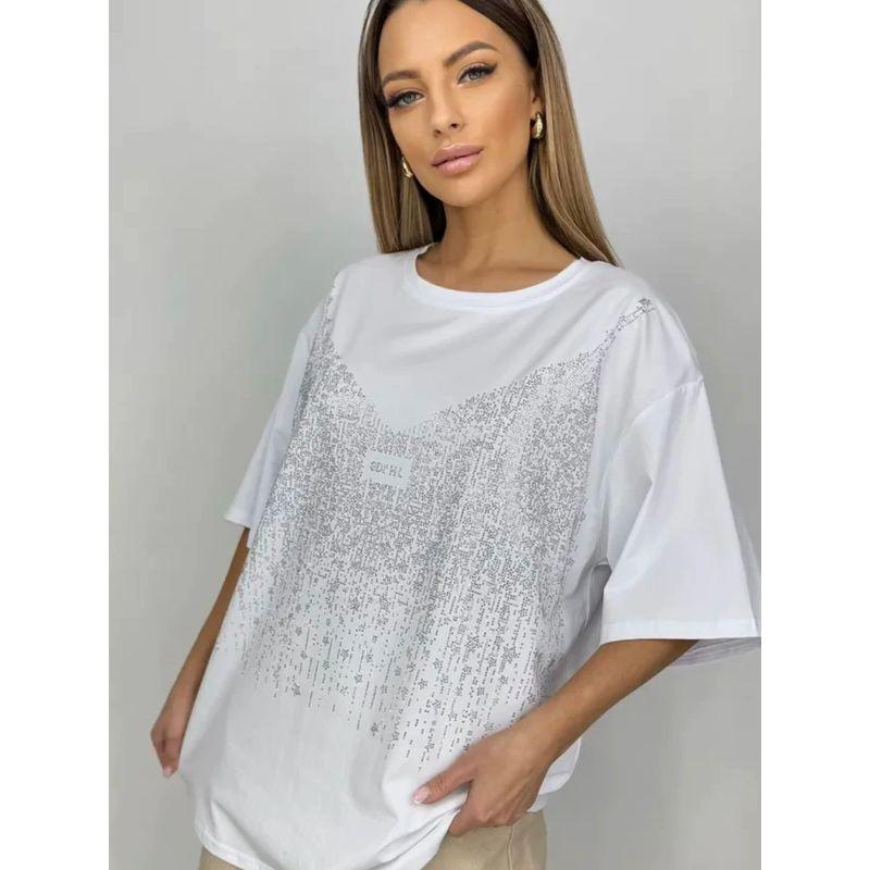 Fashion Style New Arrival Loose Easiest for Match Short Sleeve Hot Drilling Cotton T-shirt Loose Diamond Studded T-shirt