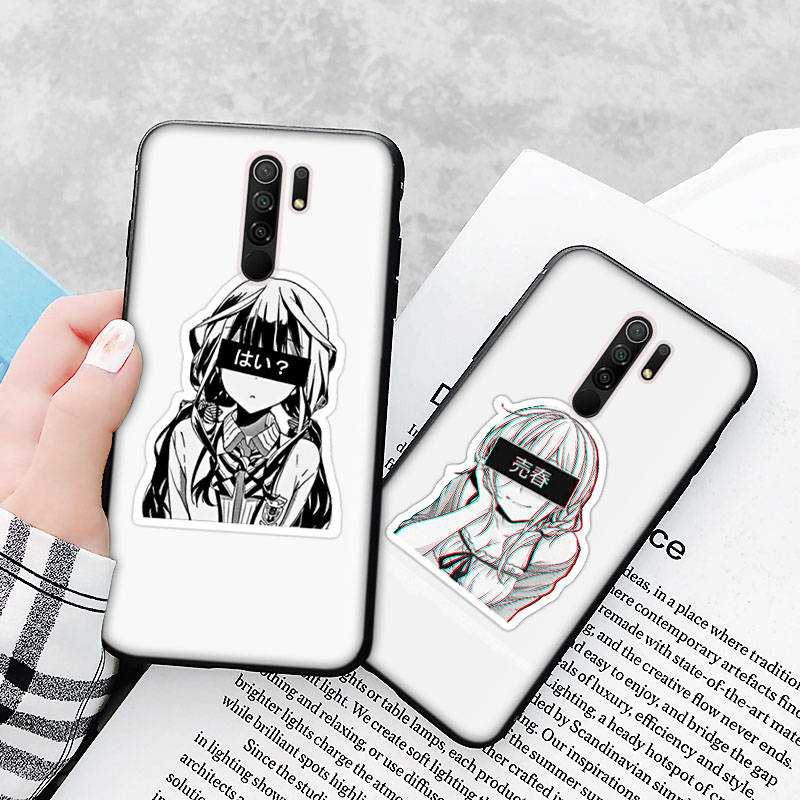 Black Case for Xiaomi Redmi 13C Note 9 iPhone XR 7 8 14 15 11 12 13 X XS Pro Max Samsung A25 S23 S24 FE Ultra Plus Stickers Anime Girl