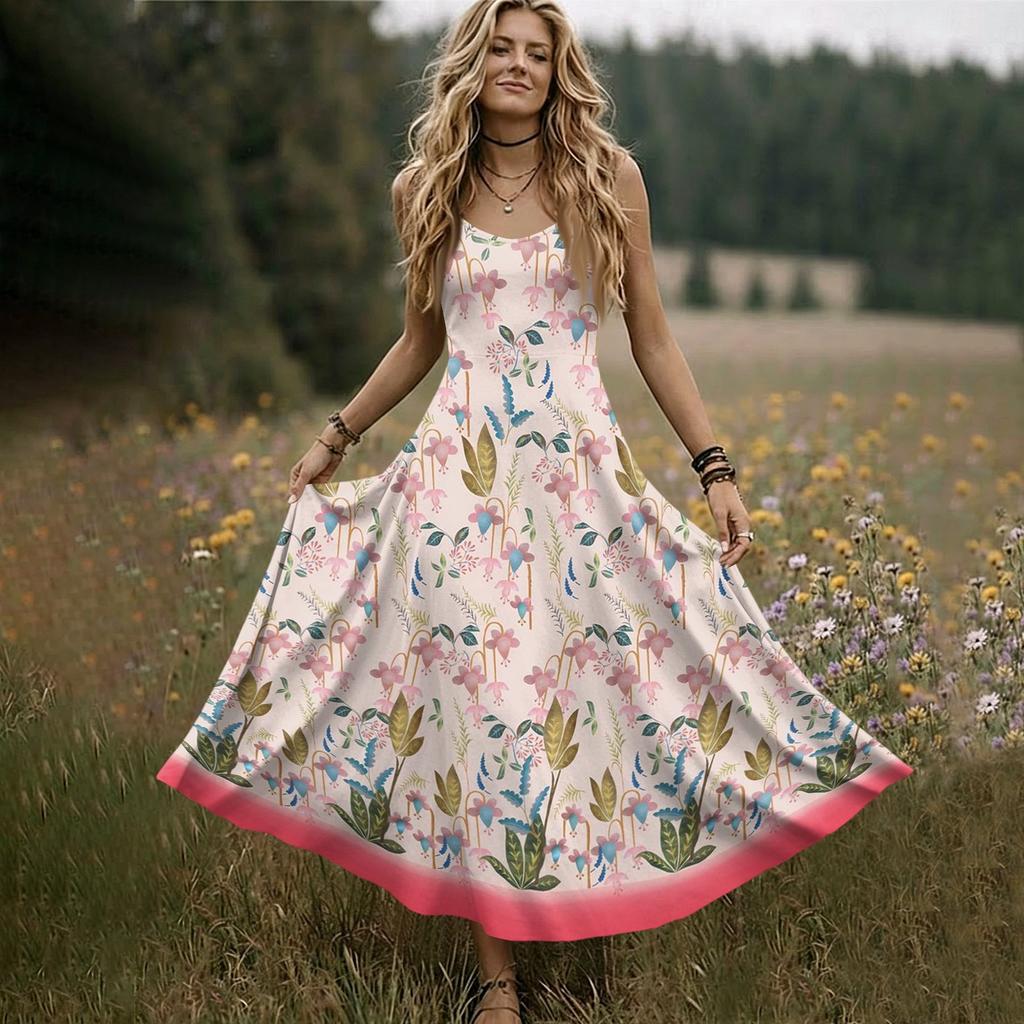 Women's Sleeveless V Neck Maxi Dress Summer Long Dress Casual Loose Fit Floral Print Bohemian Style Slip Dress