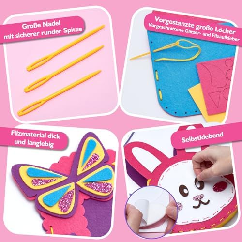 Hahaland Kids Sewing Kit with Unicorn, Owl, Rabbit, 8 Easy Projects, Beginner DIY Felt Craft Set, Toy Gift for Girls Ages 6 7 8 9 10