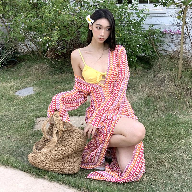 Boho Slimming Knitted Bikini Set with Sunscreen Cover-Up Dress