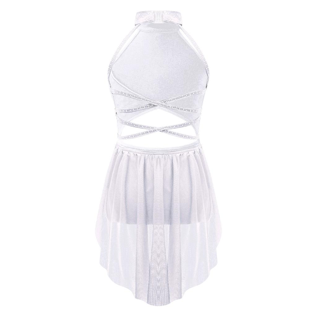 Rochie de Performanță Lirică Sclipitoare pentru Fete Design cu Spate Decupat cu Bretele Suprapunere din Plasă Transparentă Guler Mock Costum Body