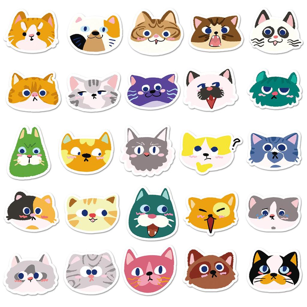 50 Cute Cat Head Cartoon Stickers for Phone, Journal, or Thermos Cup