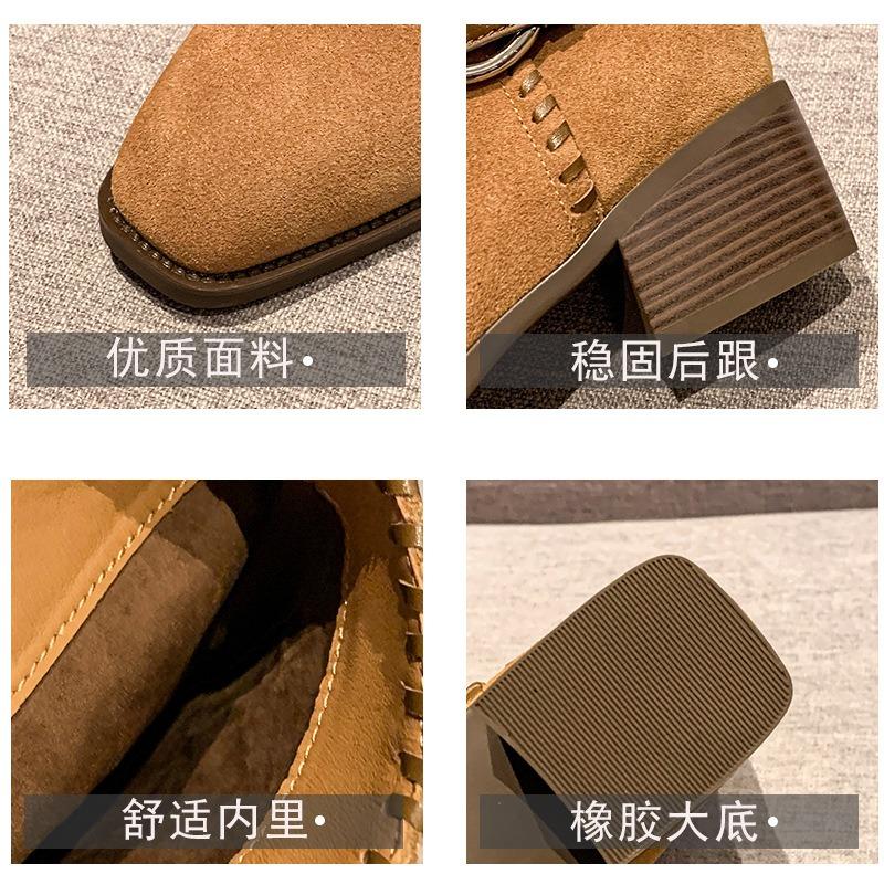 Soft Leather~ Retro British Boots New Belt Buckle Western Cowboy Boots Brown Thick Heel Martin Boots