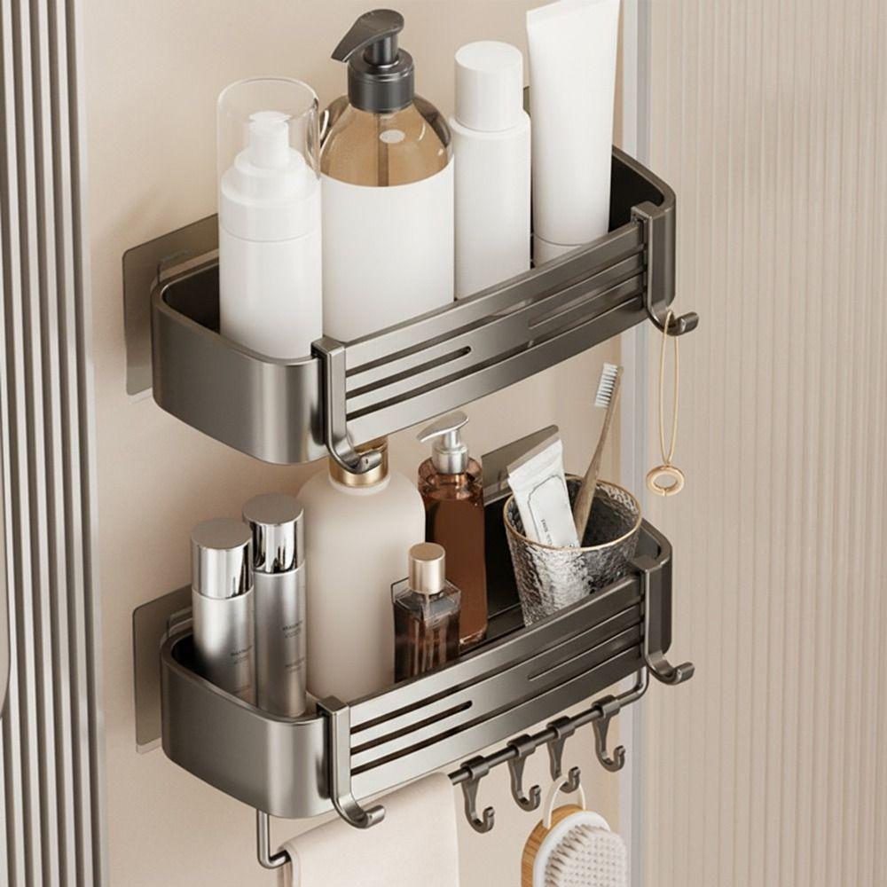 Durable Aluminum Alloy Bathroom Storage Rack Wall Mounted Non Perforated Washbasin Storage Shelf Shower Storage Shelf Bathroom