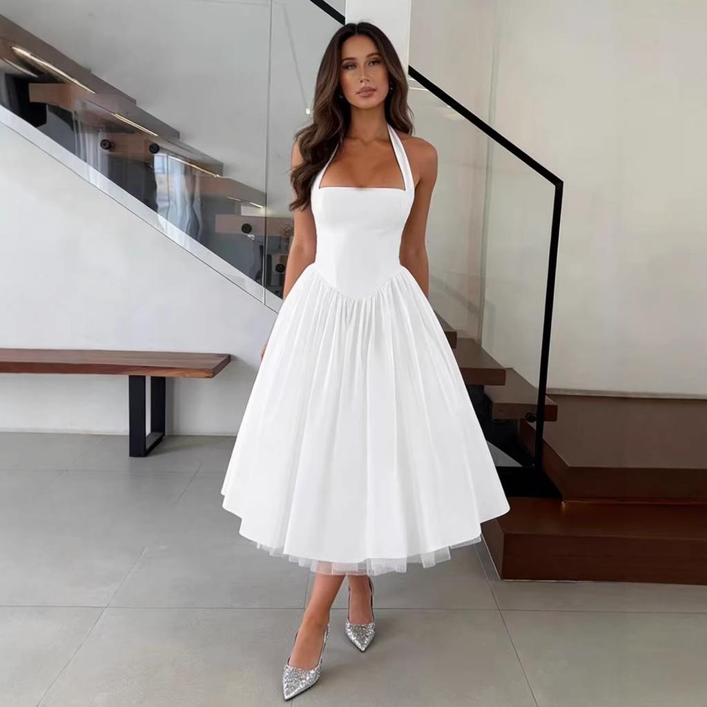 A new European and American style waist pendulum white dress women's summer French elegant temperament dress dress