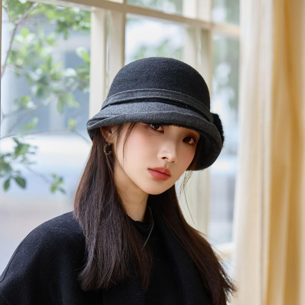 Bucket Hat Women's Autumn and Winter Ear Protection Warm Basin Hat Retro Elegant Top Hat