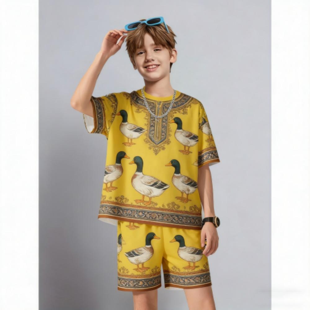 Summer Kids Set Fun Animal Duck Printed Kids T-shirt and Shorts 2 Piece Set Summer Casual Outdoor Boys and Girls Outfit Kids Clothing