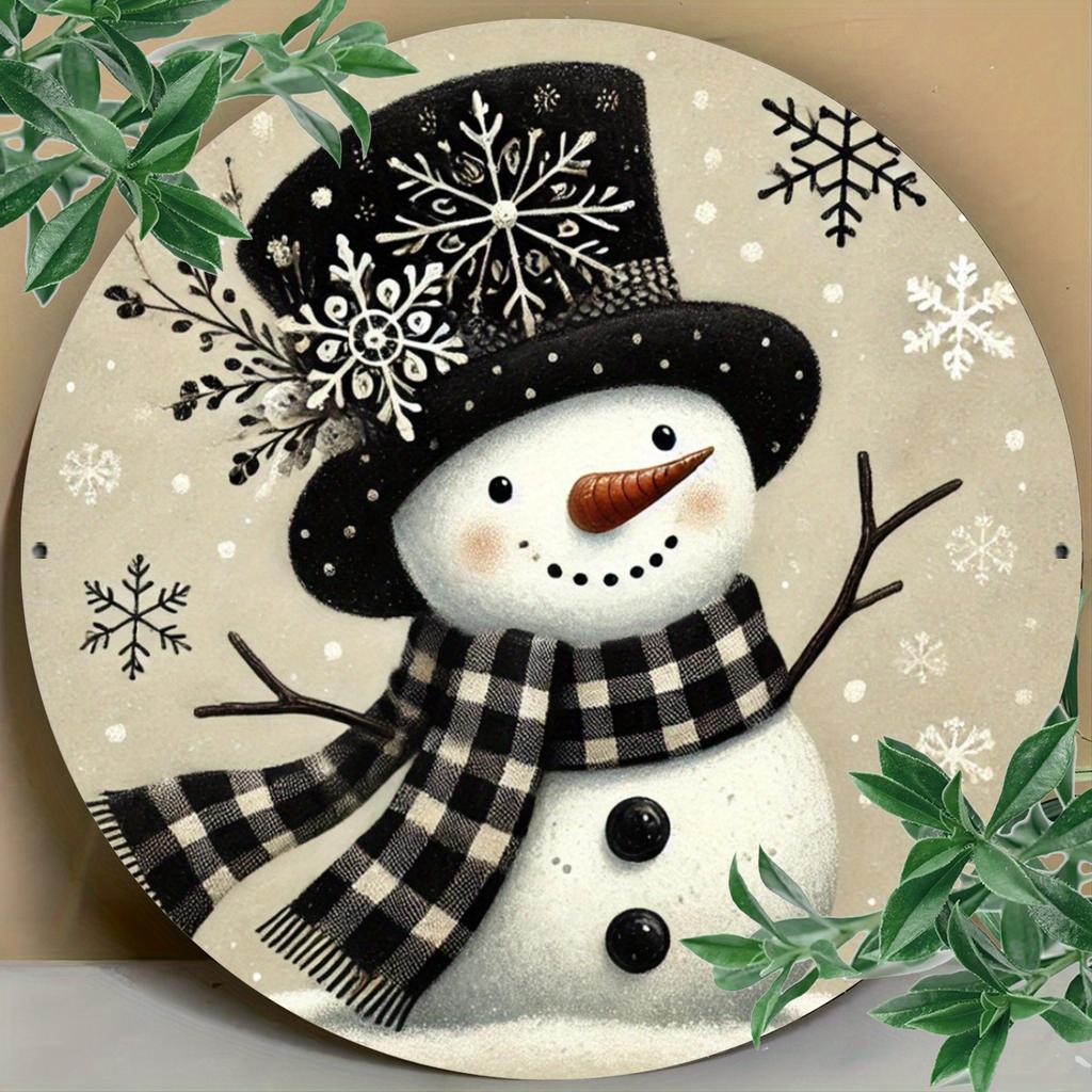 Snowman Christmas Sign. 7.8" Round Aluminum, Waterproof Decor for Home, Office or Coffee Shop.