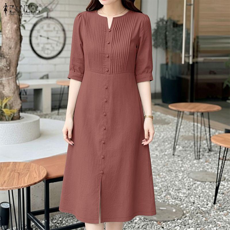 ZANZEA Women Casual V-Neck Solid Color Six Quarter Sleeve Loose Midi Dress
