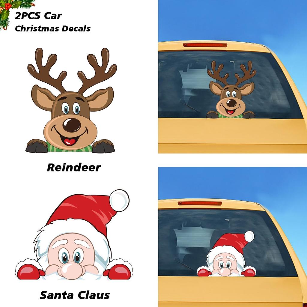 LOKIPA Christmas Car Sticker, 2PCS Christmas Car Window Decals Cute Santa Car Window Stickers for Christmas Car Decorations Accessories (Reindeer and