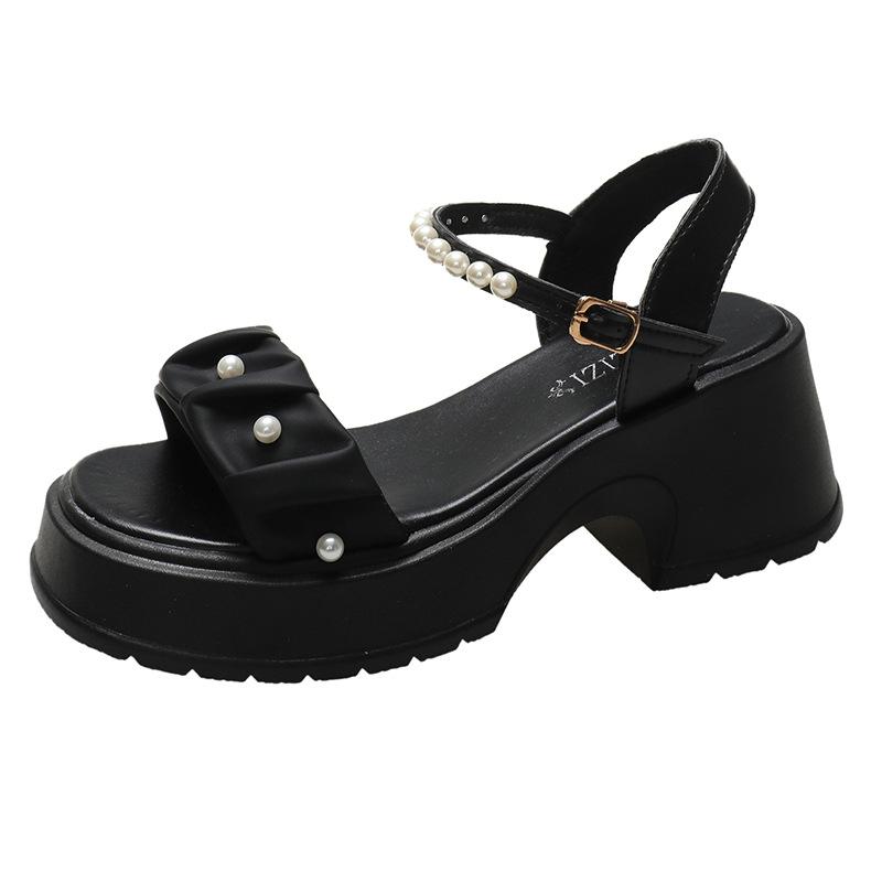 

Roman sandals women s summer platform fairy wind word with middle heel pearl sandals women s sandals 40 чёрный