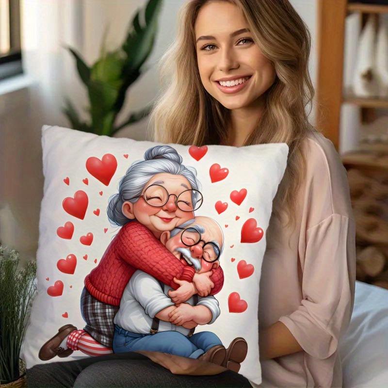 1Pc Elderly Couple Hugging With Hearts Throw Pillow Cover, Suitable For Sofa, Bedroom, Living Room, A Romantic Gift For Elders.