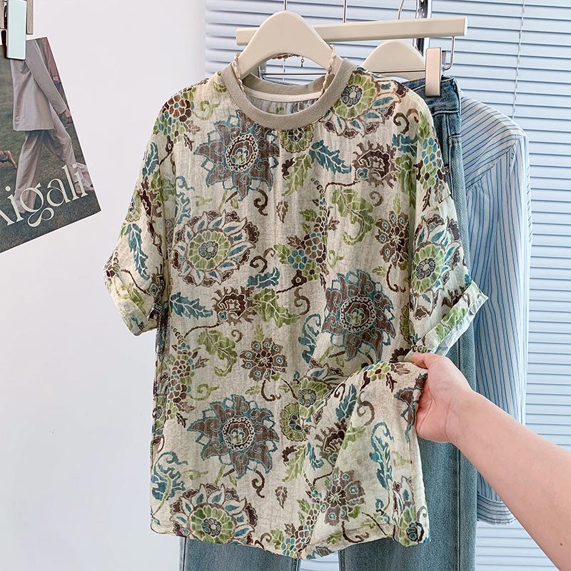 Retro Print Loose Cotton Short-Sleeve Women s T-Shirt – Casual, Comfortable, Stylish M зелёный