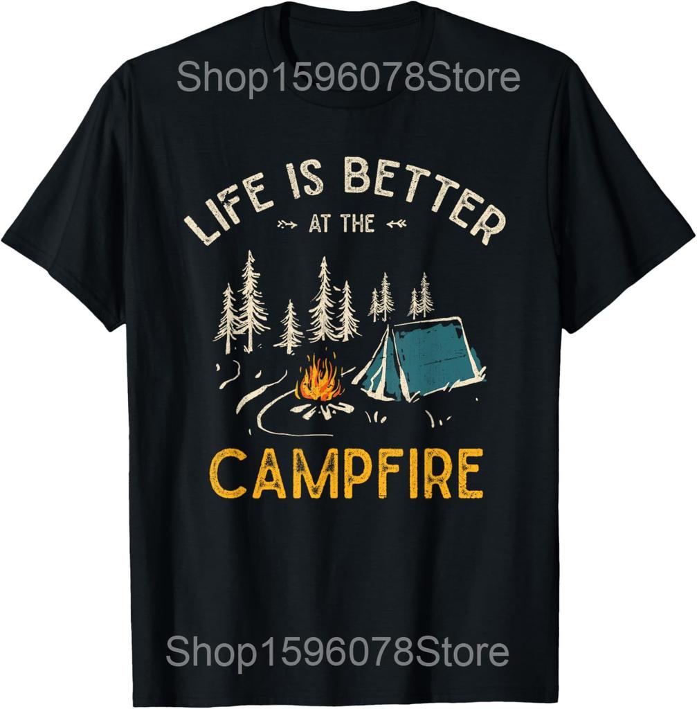 Modo Acampamento Engraçado Ligado Campista Feliz Camisetas de Acampamento Homens Algodão Humor Streetwear Camiseta Manga Curta Unissex Roupa Solta