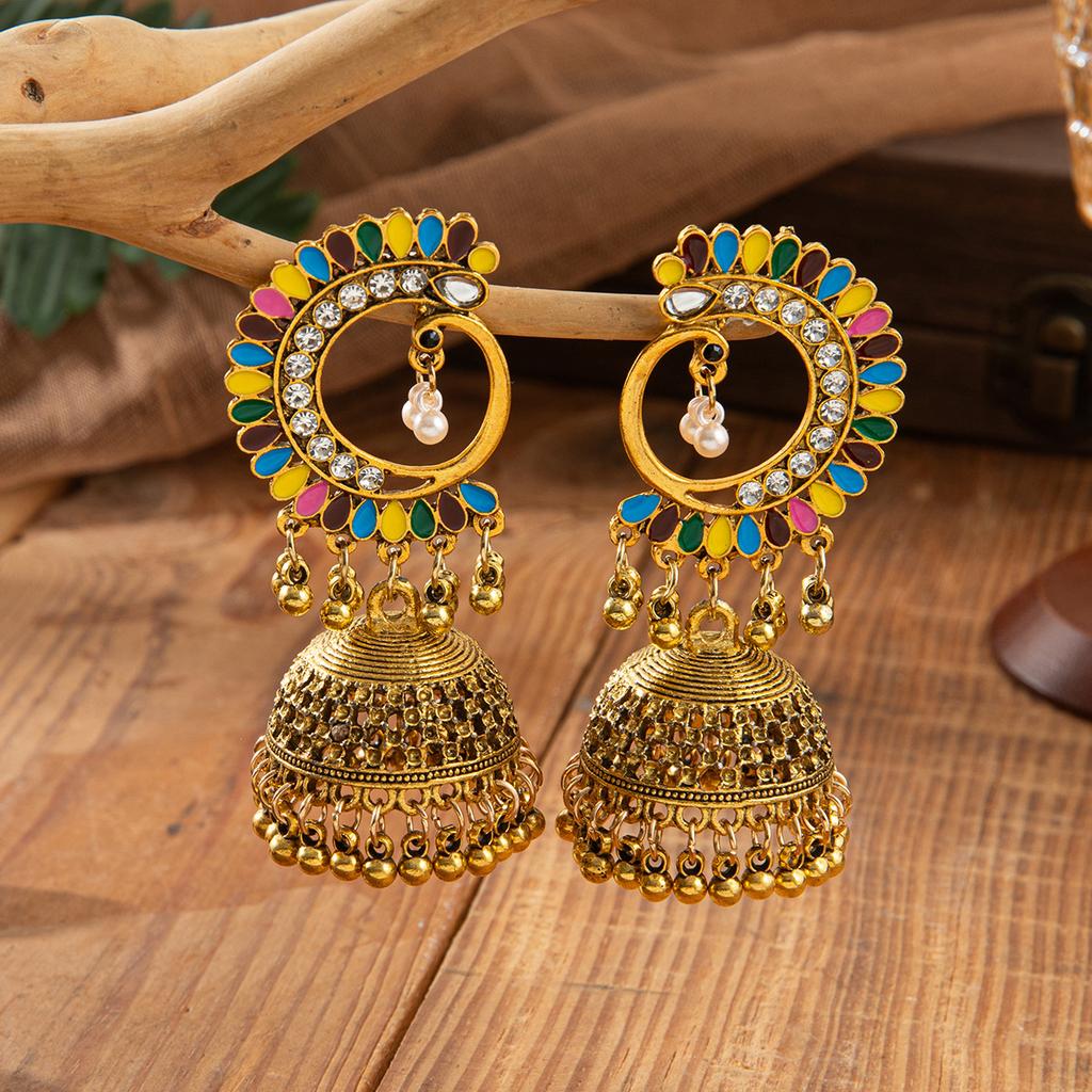 Indian Peacock Tail Painted Rhinestone Bell Earrings for Women Unique Design Pearl Luxury Vintage Long Earrings