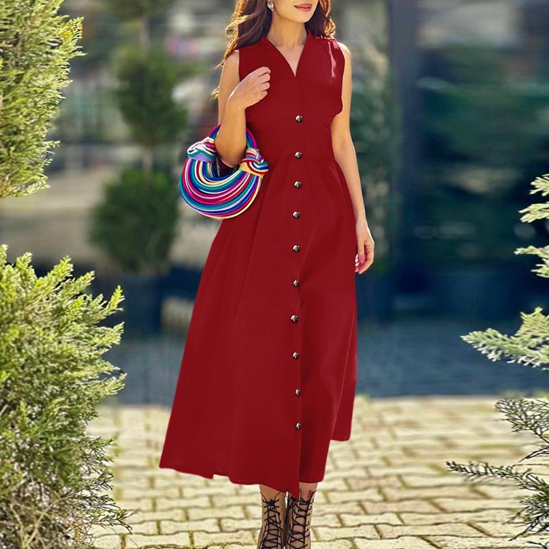 ZANZEA Women Casual V-Neck Solid Color Loose Sleeveless Long Dress S вино красного