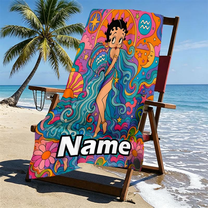 Custom Name Personalized Betty Boop Print Beach Towel, for Trip Camping Beach Party Home Decor, Birthday Gift for Family & Friends