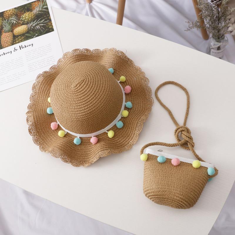 Summer Children s Sun Protection Beach Straw Hat  Princess Girl s Vacation Woven Sun Hat Set (makeup bag + hat)