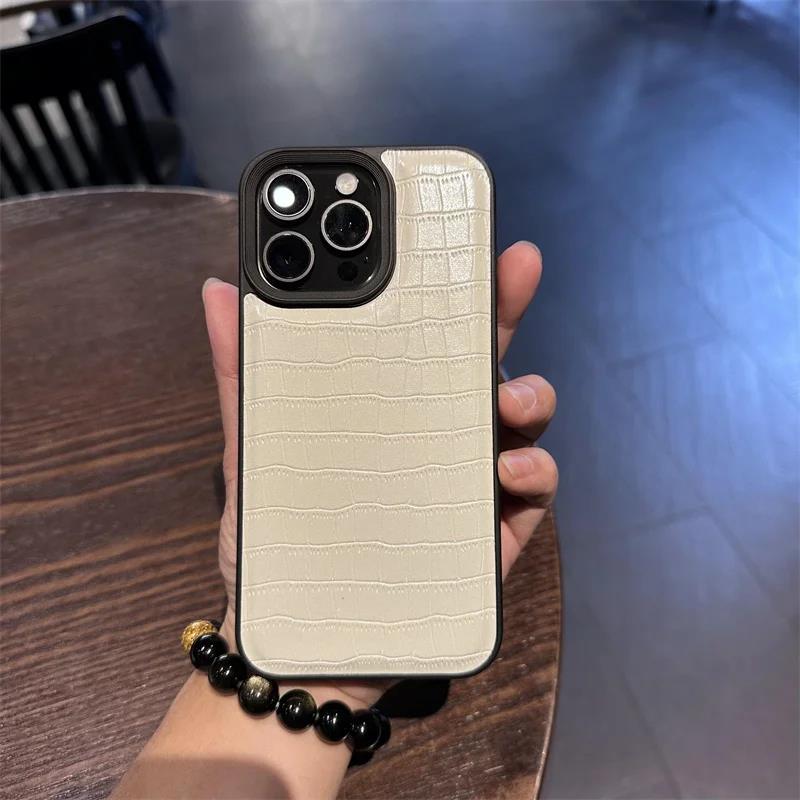 Fashion Cool Black Crocodile Pattern Leather Solid Color Phone Case For iPhone 11 12 13 14 15 Pro Max Shockproof Soft Cover Men