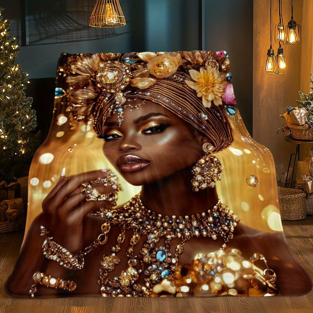 1pc African Queen Jewelry Gold Headdress Fleece Blanket Luxury Fashion Portrait Art Print Throw Cover Decor Gift for Women