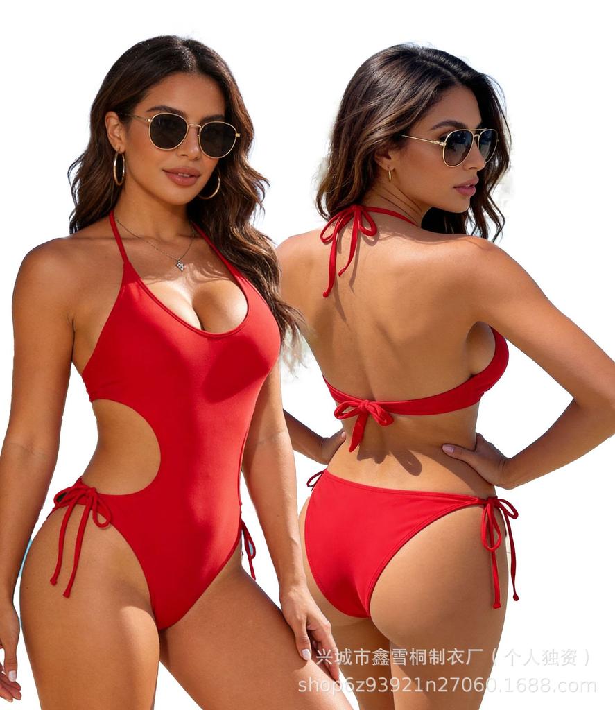 New swimsuit women's solid color strap one-piece bikini one-piece sexy swimsuit