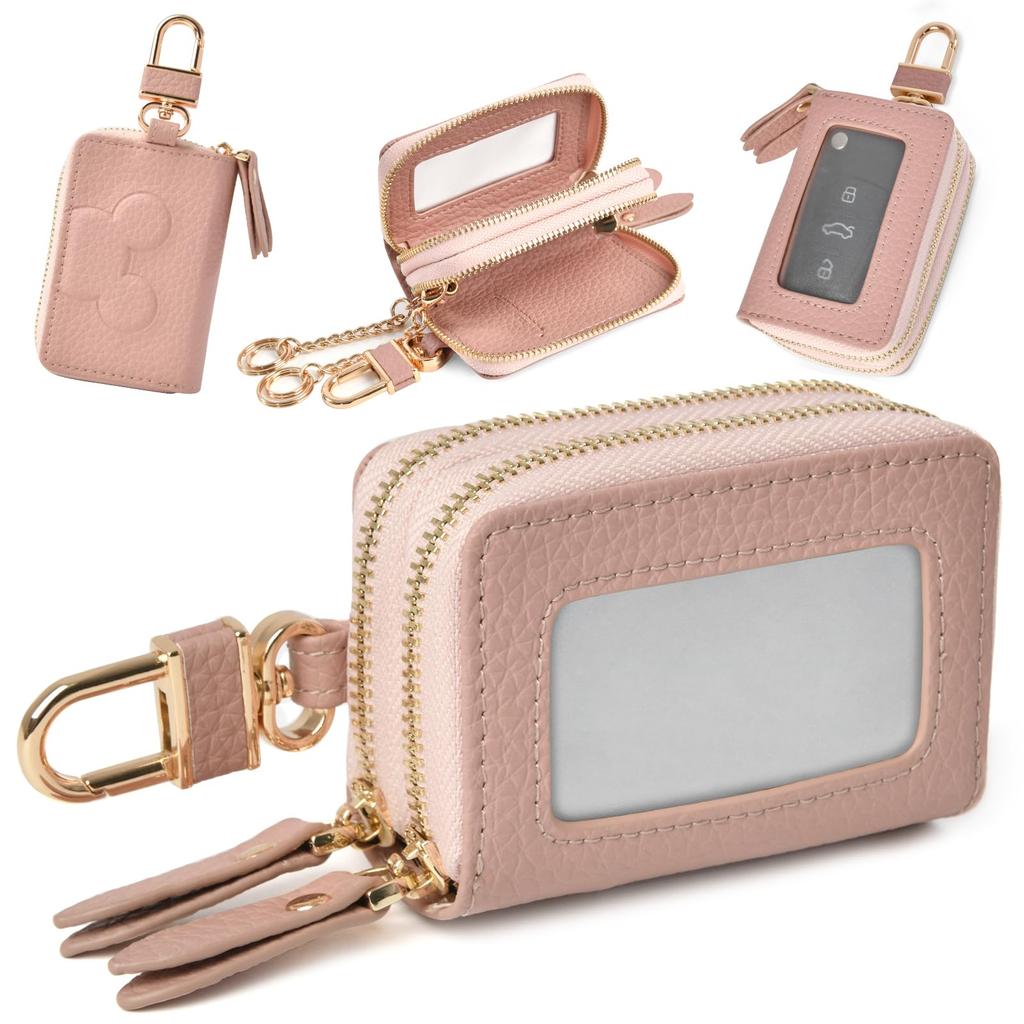 Tonriga Smart Key Case for Women, Cute Double-Sized Storage with Clear Window, Smart Key Compatible, Car Key Cover, Anti-Theft, Laminated Leather,