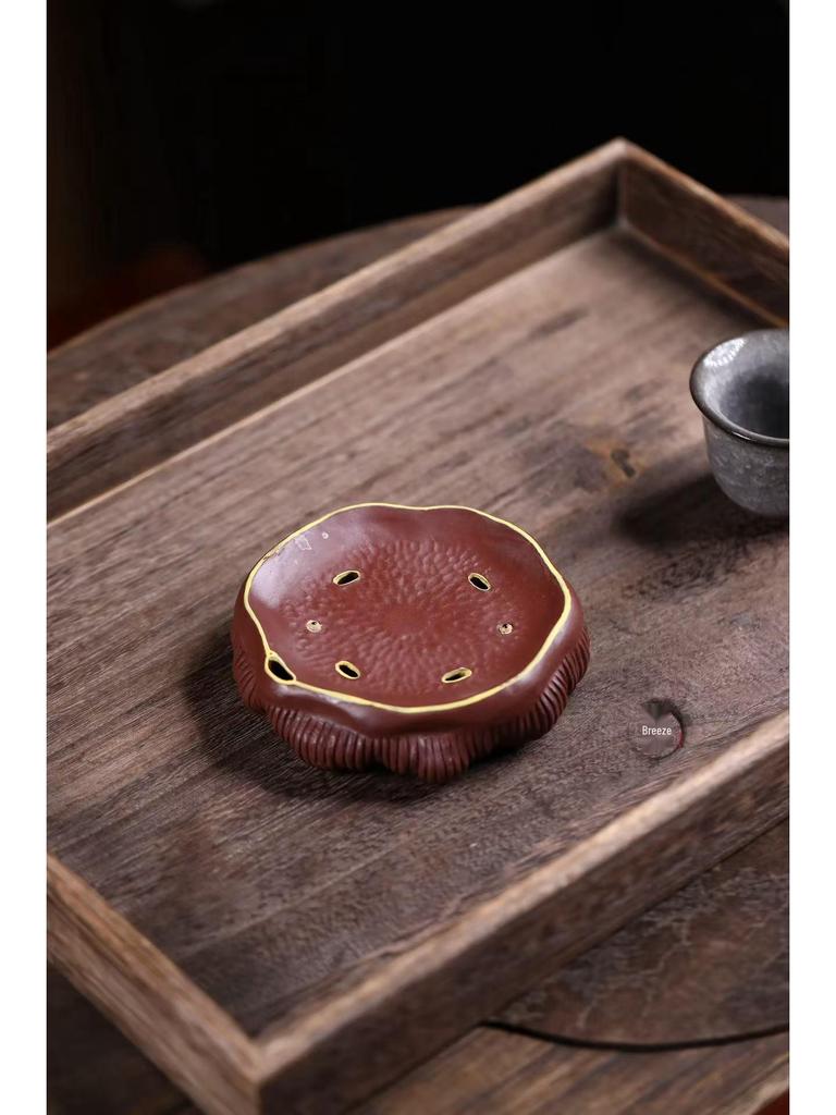 Yixing Handmade Zisha Lotus Pod Teapot Stand - Biomorphic Water-Storing Tea Mat for Gongfu Ceremony