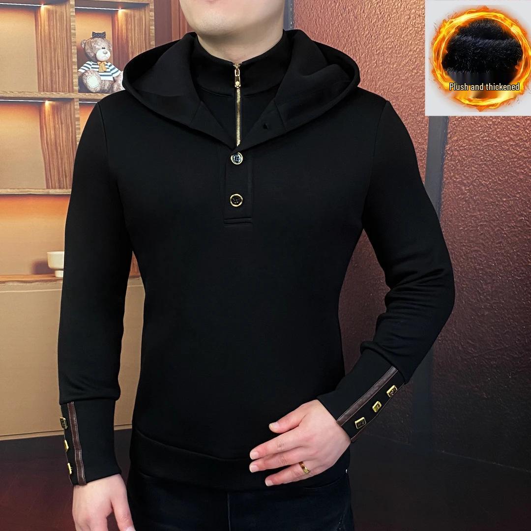 Men s Luxury Plus Velvet Faux Two-Piece Hoodie: Warm, Lightweight, Business Casual, High-End, Autumn/Winter Versatile Top. M