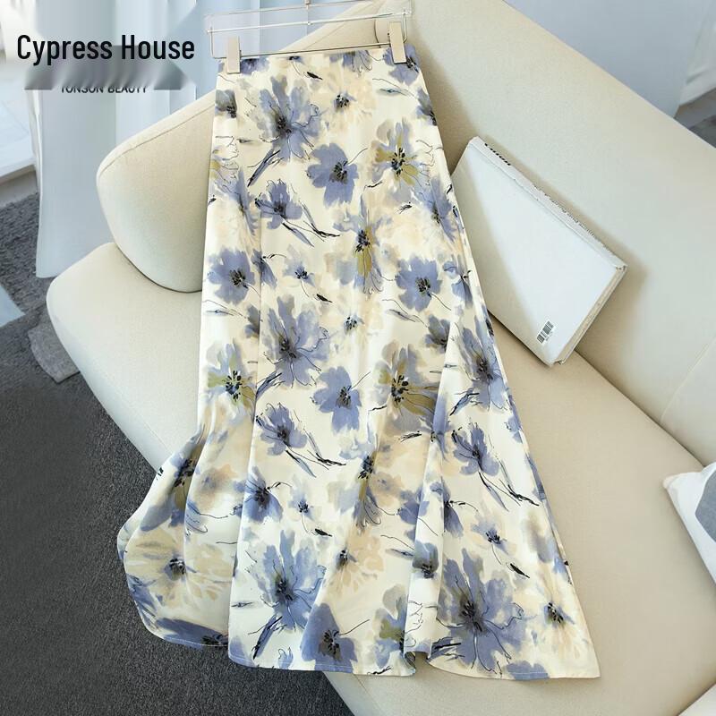 Sibaishi Women s French Floral High-Waist A-Line Midi Skirt S