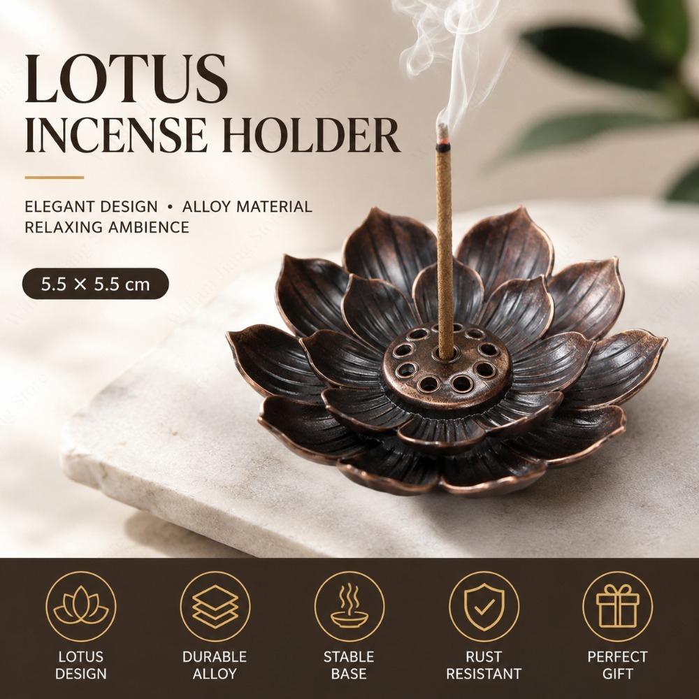 Alloy Lotus Incense Burner Desktop Censer with Ash Tray for Tea Space Living Room Indoor Aromatherapy Ornament Elegant Look 7
