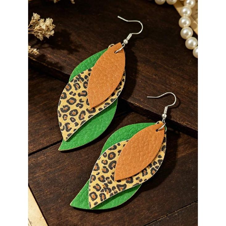 1 Pair Western Bohemian Style Leopard Print & Green-Brown Colorblock 3-Layer S-Shaped Leaf PU Leather Dangle Earrings