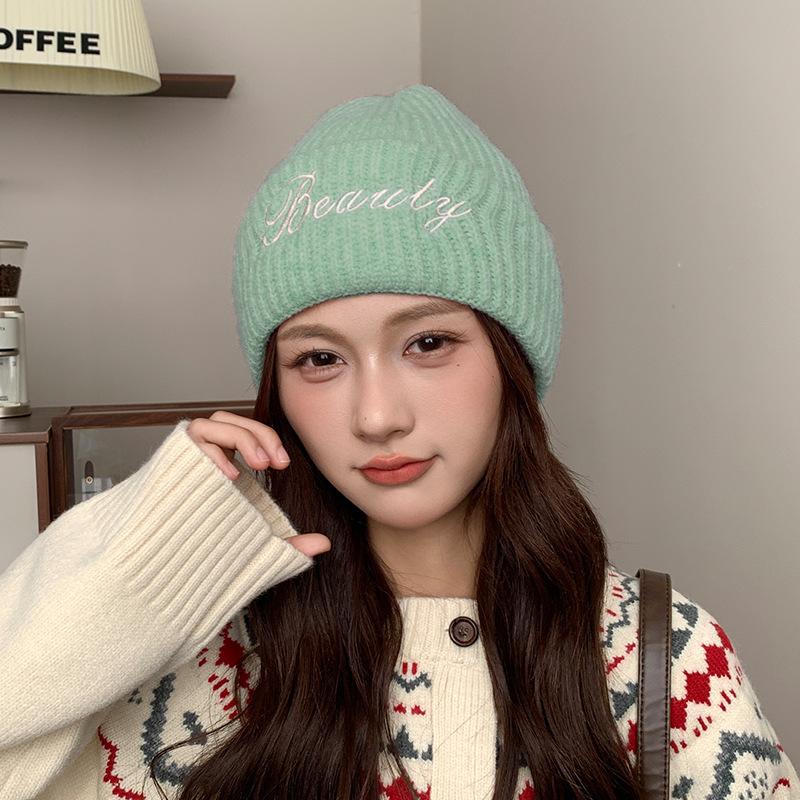 

Spring and autumn warm ear protection embroidery letters versatile big head circumference knitted hat women 56-62