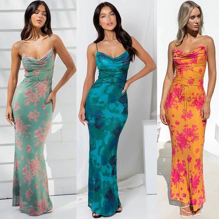 Sleeveless Strapless Print Camisole Slim High Waist Pencil Dress Ankle Length Backless Slit Spring Dresses Women Casual