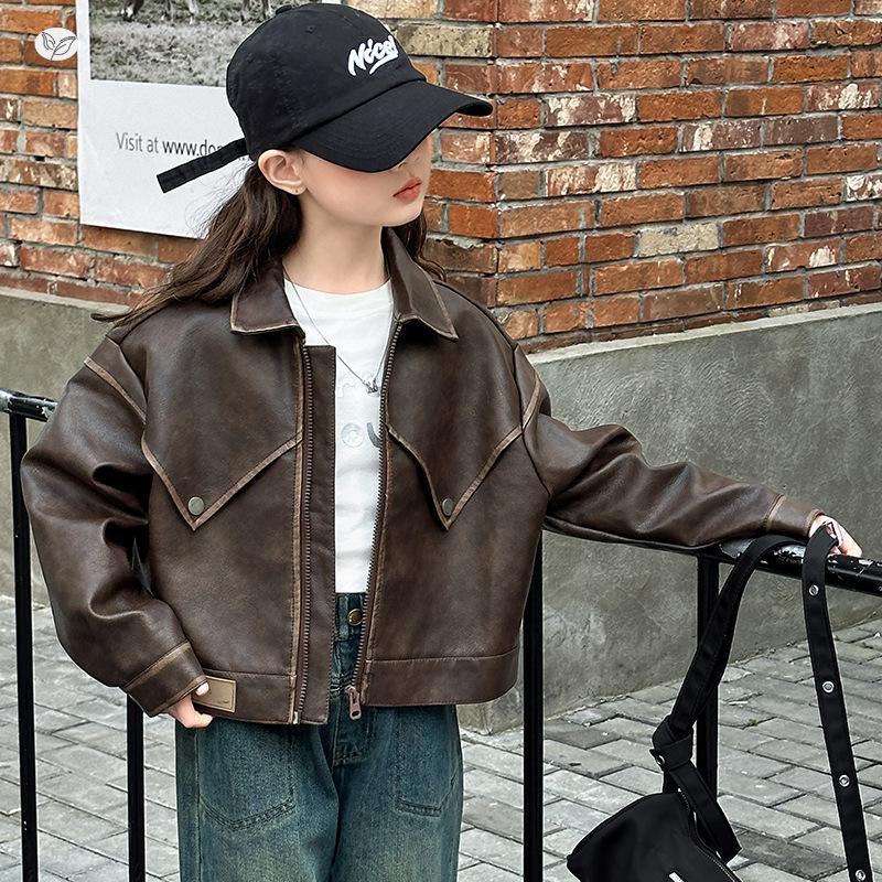 Girls' Trendy Leather Lapel Jacket - Spring/Autumn 2025