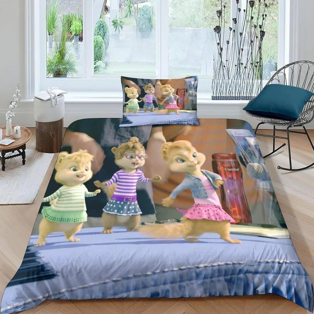 Exquisites 3D-Cartoon Alvin und die Eichhörnchen Bettwäsche-Set Bettbezug Steppdecke Bett Jugend Kinder Mädchen Jungen Geschenk