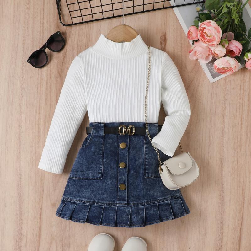 Ensemble de mode pour filles, Haut à manches longues décontracté uni d'été pour enfants, Ensemble jupe plissée en denim