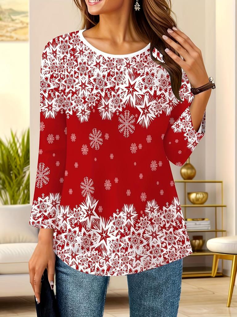 Weihnachtsthema Schneeflocke 3D-Druck O-Ausschnitt Langarm T-Shirt Mode Damenkleidung Casual Y2K Kleidung Harajuku Damenkleidung