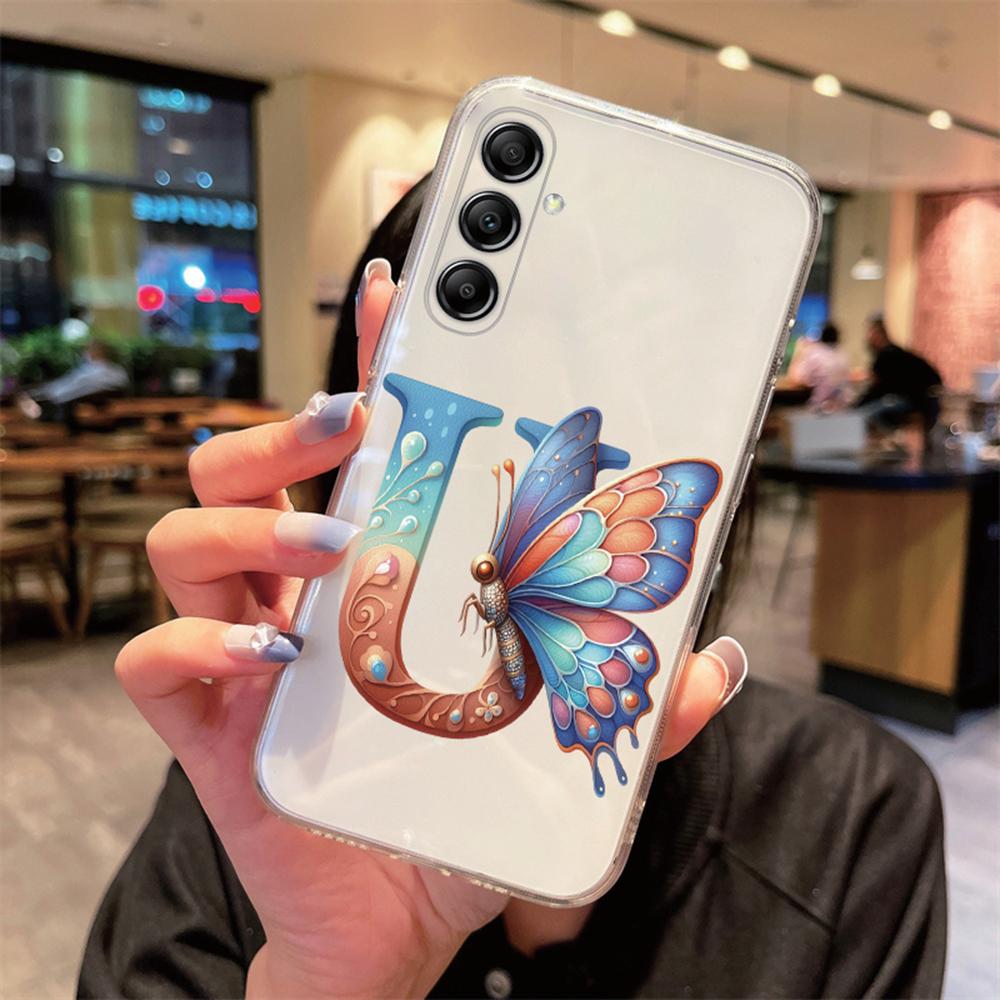 For Samsung Galaxy A54 A14 A34 A24 Blue Butterfly Flower Letters A-Z Couple Phone Case Transparent Clear Silicone Bumper Cover