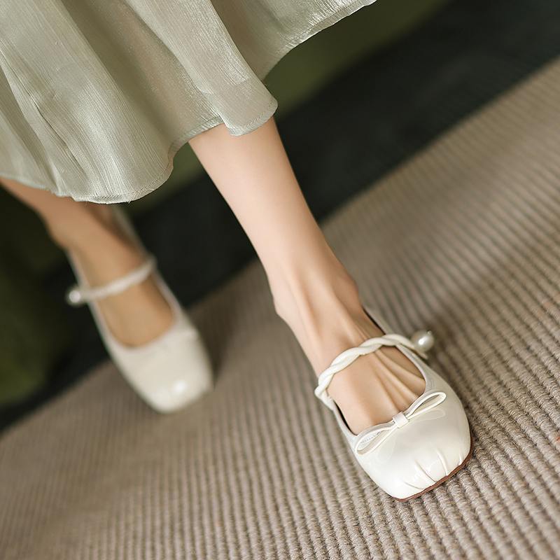 Krazing Pot Sheep Skin Spring Summer Size 41 Thick Med Heels Women Square Toe Pearl-studded Butterfly-knot Pumps