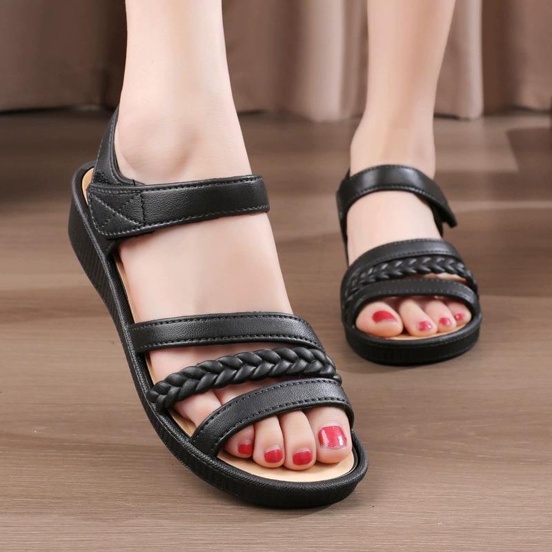 Sandals Women's Outer Wear Summer Soft-soled Non-slip Wedge-heeled Flat-bottomed Beach Work Shoes Mid-heel Mother Women's Sandals