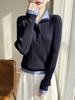 Half-Open Stand Collar Contrast Faux Two-Piece Slim Fit 60s Merino Wool Cable Knit Sweater