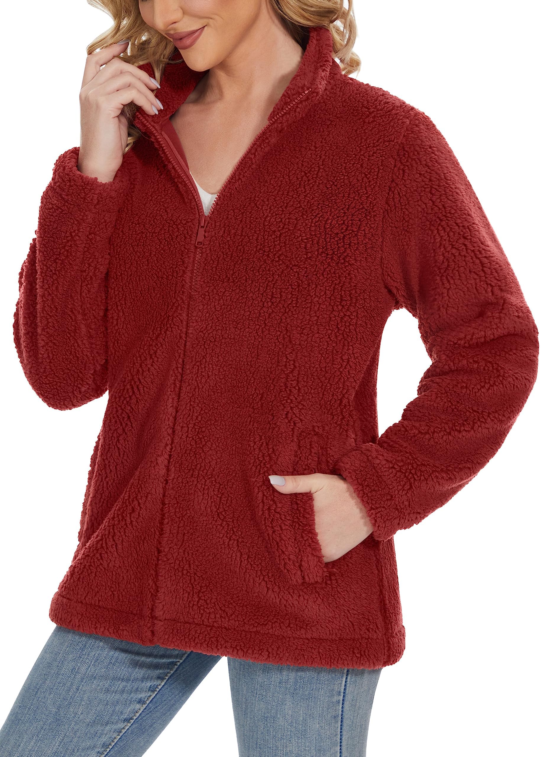 

TACVASEN Fleece Orange Size 2XL Women s Coat, Zip-Up, Stand-Up Collar, Warm, Thick, Relaxed, Casual, Lightweight, Flattering, Red,