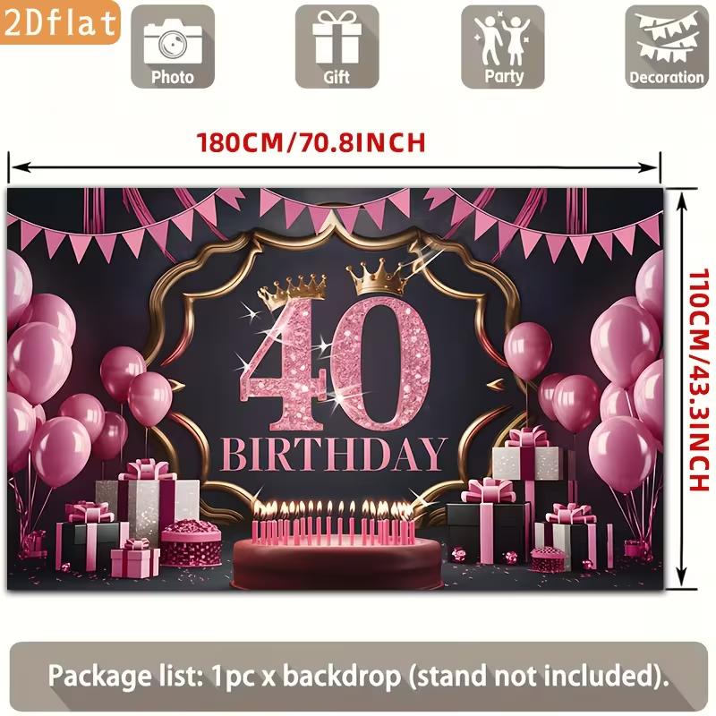 2D 40th Birthday Photography Backdrop Pink Black Background with Crown, Balloons and Cake
