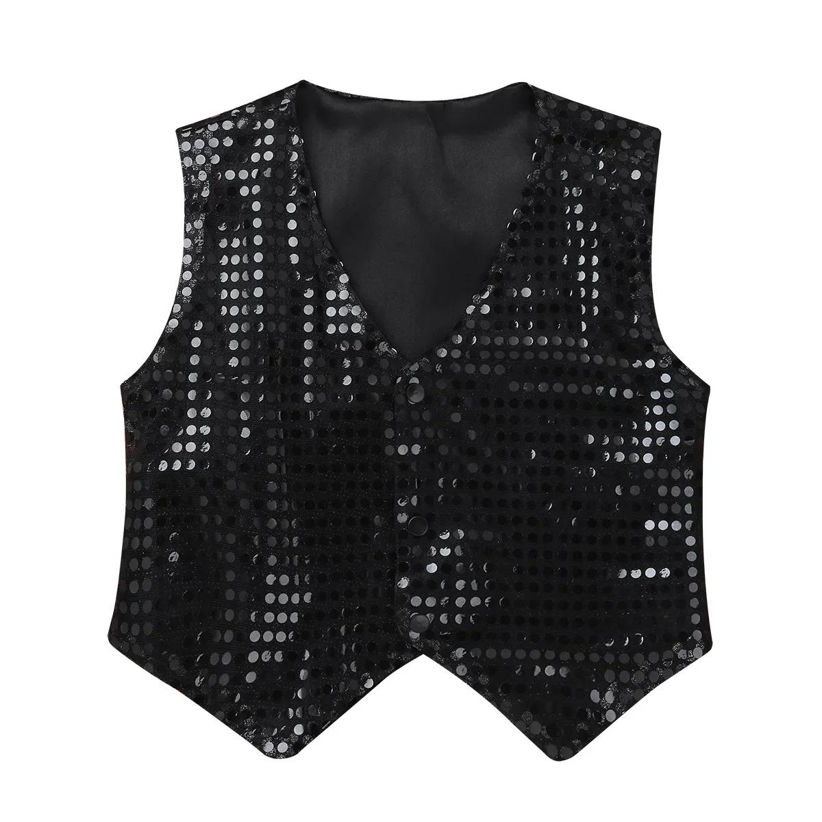 Kids Sparkly Hip Hop Dance Vest Performance Costume Boys Girls Streetwear 110 чёрный
