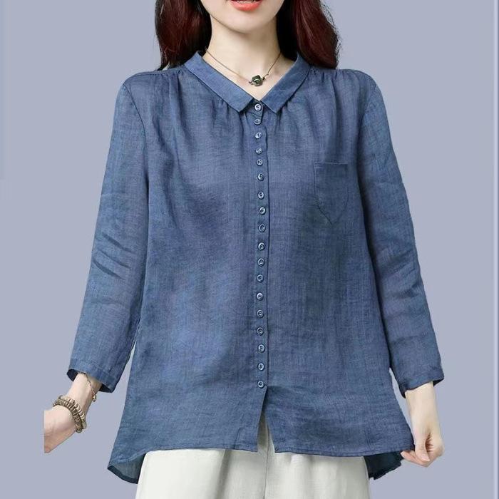 Baumwoll- und Leinenhemd Damen Frühling und Herbst Locker und Dünn Westernstil Damen Locker Allround-Bluse Hemd