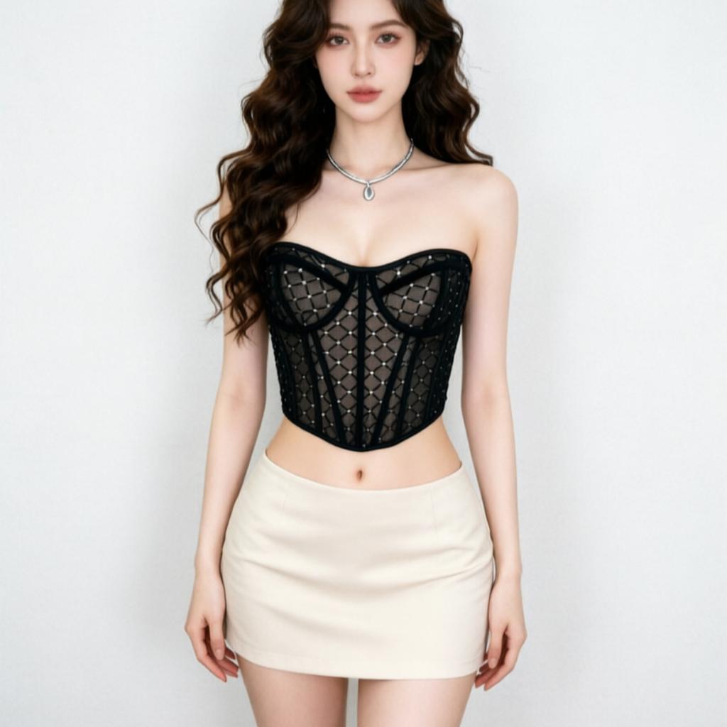 French Royal Sister Wind Sweet Hot Girl Black Tight Summer Pure Desire Wind Waist Thin Fish Bone Tube Top