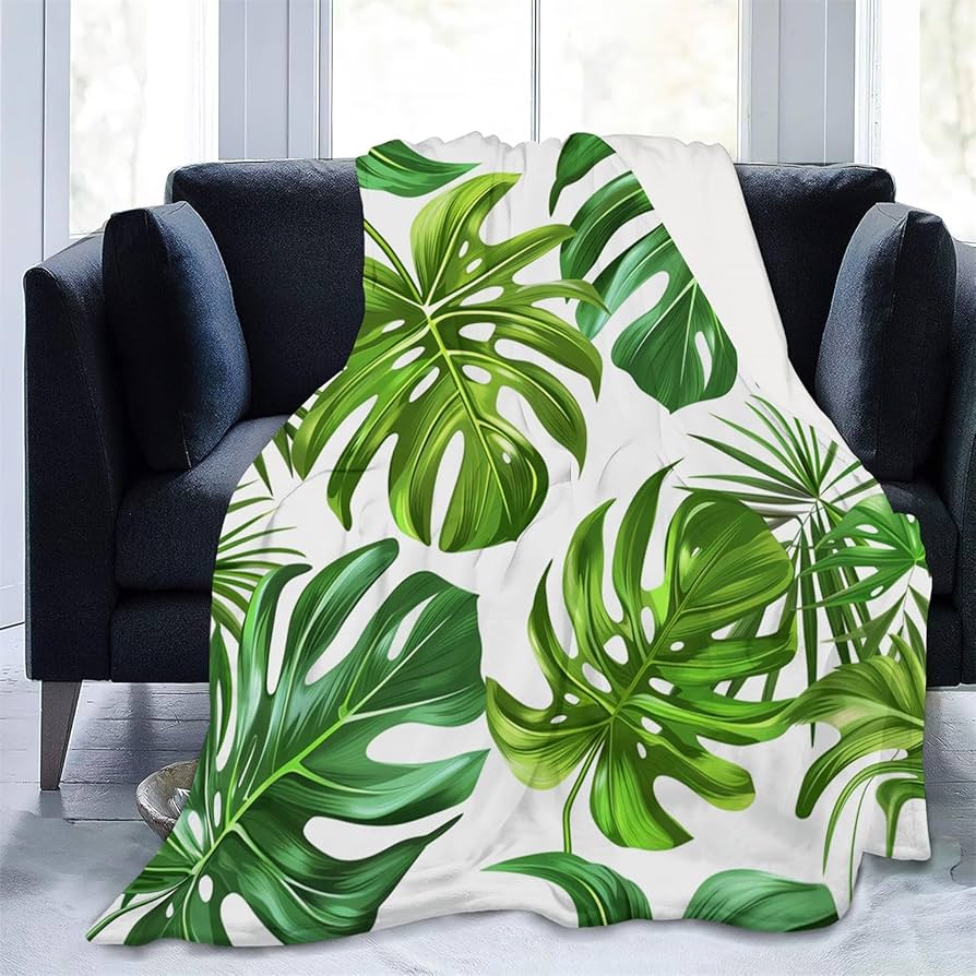 Coperta Plaid Verde Tropicale con Foglie Palma Monstera in Pile per Divano Letto Tema Festivo Accogliente Morbida Coperta Decorativa Regalo Caldo