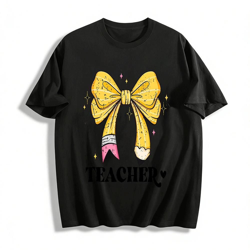 Vintage Pencil Bow Teacher Themed Casual Tee For Educators Pure cotton T-shirt XXS